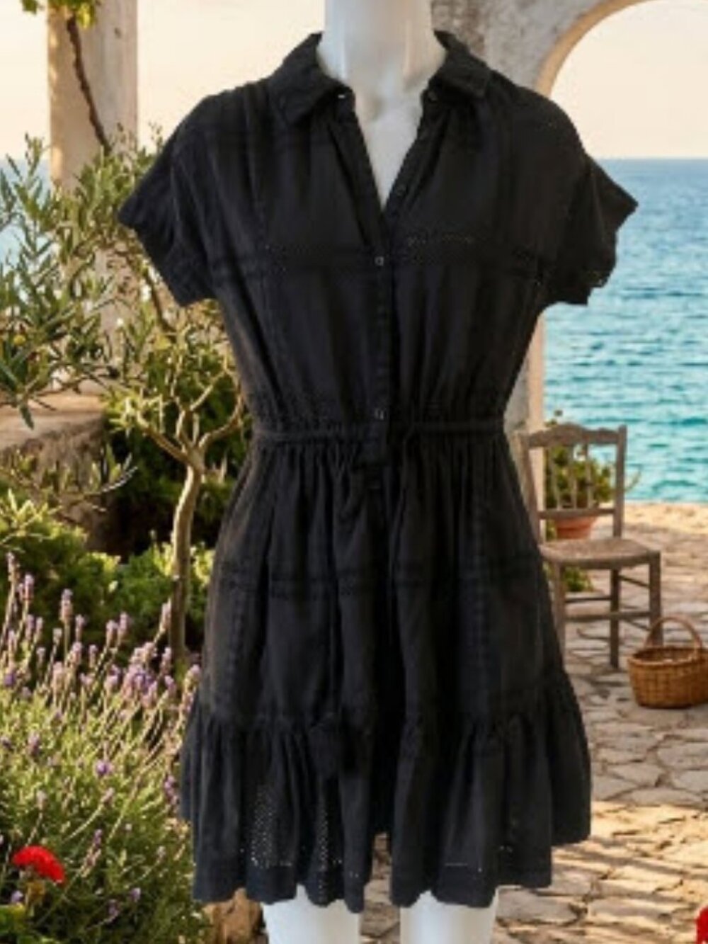 Womens Change of Scenery Black (Item- 56) Eyelet Mini Sarah Shirt Dress XS